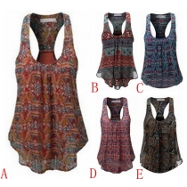 Fashion Round Neck Irregular Hem Printed Chiffon Tank Top