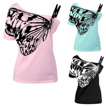 Sexy One-shoulder Butterfly Printed Short Sleeve T-shirt