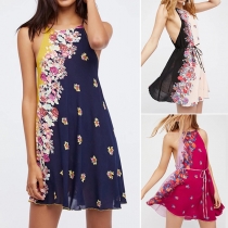 Sexy Backless Contrast Color Printed Cami Dress