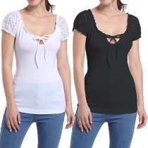 Fashion Lace Spliced Short Sleeve Round Neck Solid Color T-shirt