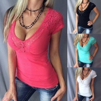Fashion Solid Color Short Sleeve V-neck Lace Spliced T-shirt