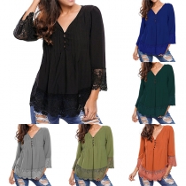 Fashion Lace Spliced 3/4 Sleeve V-neck Solid Color Top