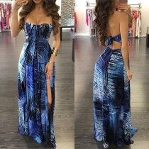 Sexy Backless Slit Hem Printed Lace-up Halter Maxi Dress