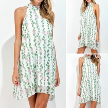 Fashion Sleeveless Mock Neck Printed Chiffon Dress