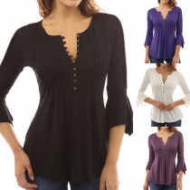 Fashion Solid Color 3/4 Sleeve Round Neck T-shirt