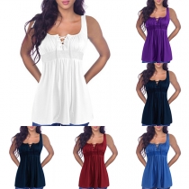 Fashion Solid Color Sleeveless Lace-up U-neck Lace Spliced Top