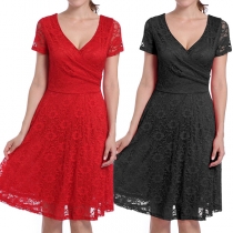 Elegant Solid Color Short Sleeve V-neck Lace Dress