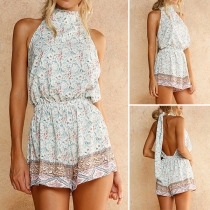 Sexy Backless Elastic Waist Printed Halter Romper