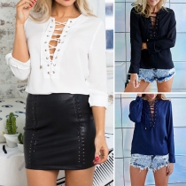 Fashion Long Sleeve Lace-up Deep V-neck Solid Color Blouse