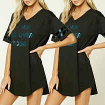 Fashion Letters Printed Short Sleeve V-neck Loose T-shirt Dress