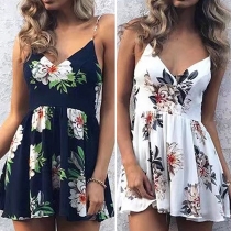 Sexy Backless Deep V-neck Printed Cami Romper