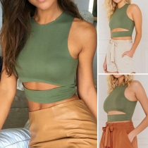 Sexy Solid Color Sleeveless Round Neck Hollow Out Crop Top