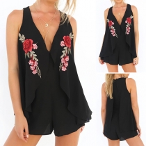 Fashion Solid Color Sleeveless V-neck Embroidered Romper