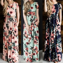 Fashion Short Sleeve Round Neck High Waist Printed Maxi Dress