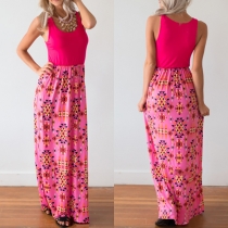 Bohemian Style Sleeveless Round Neck Printed Maxi Dress