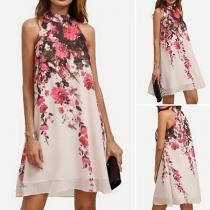 Fashion Sleeveless Mock Neck Printed Chiffon Dress