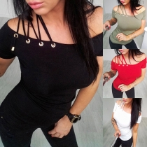 Sexy Off-shoulder Asymmetric Lace-up Short Sleeve Solid Color T-shirt