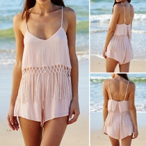 Sexy Backless V-neck Solid Color Tassel Cami Romper