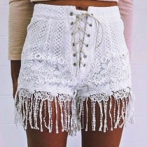 Fashion Solid Color Lace-up High Waist Tassel Hem Lace Shorts