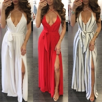 Sexy Backless Deep V-neck Slit Hem High Waist Sling Jumpsuit