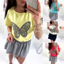 Fashion Contrast Color Short Sleeve Round Neck Butterfly Dress