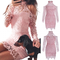 Sexy Off-shoulder Long Sleeve Mock Neck Irregular Hem Slim Fit Lace Dress