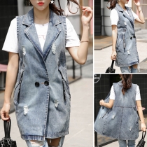 Distressed Style Double-breasted Ripped Denim Vest