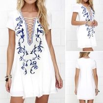 Fashion Short Sleeve Lace-up Deep V-neck Printed Dress