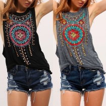 Fashion Contrast Color Printed Round Neck Casual Tank Top