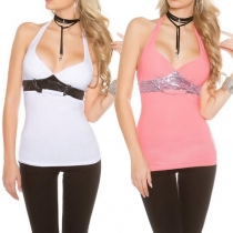 Sexy Backless Deep V-neck Sequin Spliced Halter Top