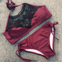 Sexy See-through Lace Spliced Lace-up Halter Bikini Set