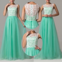 Sexy Lace Spliced Sleeveless Round Neck High Waist Bridesmaids Party Dress