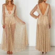 Sexy Backless Deep V-neck Long Sleeve Sequin Evening Dress