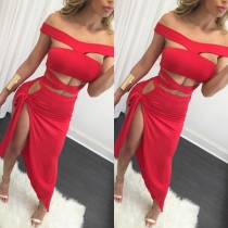 Sexy Off-shoulder Slit Hem Hollow Out Solid Color Party Dress