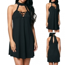 Sexy Off-shoulder Hollow Out Lace-up V-neck Solid Color Halter Dress