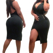 Sexy Backless Deep V-neck Slit Hem Sleeveless Bodycon Dress