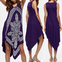 Fashion Sleeveless Round Neck Irregular Hem Printed Dress