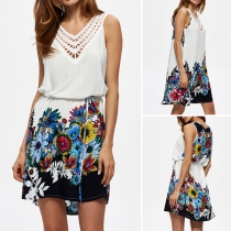 Fashion Sleeveless Hollow Out V-neck Printed Dress