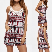 Fashion Sleeveless Round Neck Elastic Waist Lace Spliced Printed Romper