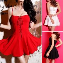 Sexy Backless High Waist Fluffy Hem Lace-up Sling Dress