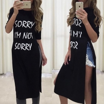 Chic Style Letters Printed Slit Hem Round Neck Long T-shirt