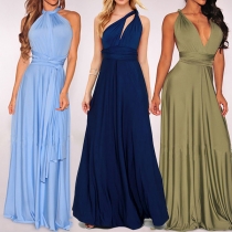 Sexy Backless Deep V-neck High Waist Solid Color Changeable Party Dress