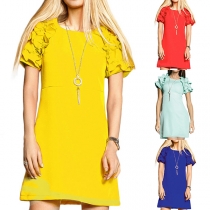 Elegant Solid Color Lotus Sleeve Round Neck Slim Fit Dress