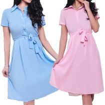 Fashion Solid Color Short Sleeve POLO Collar Chiffon Shirt Dress