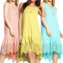 Fashion Solid Color Sleeveless Round Neck Burn-out Hem Dress