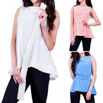 Fashion Solid Color Sleeveless Round Neck Blouse with Waist Strap