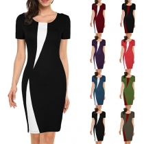 Fashion Contrast Color Short Sleeve Round Neck Slim Fit Dress