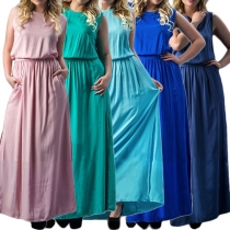 Fashion Solid Color Sleeveless Round Neck Slit Hem High Waist Maxi Dress