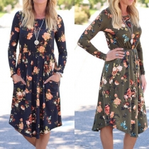Fashion Long Sleeve Round Neck Elastic Waist Printed Dress
