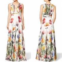 Sexy Deep V-neck Sleeveless High Waist Printed Party Dress